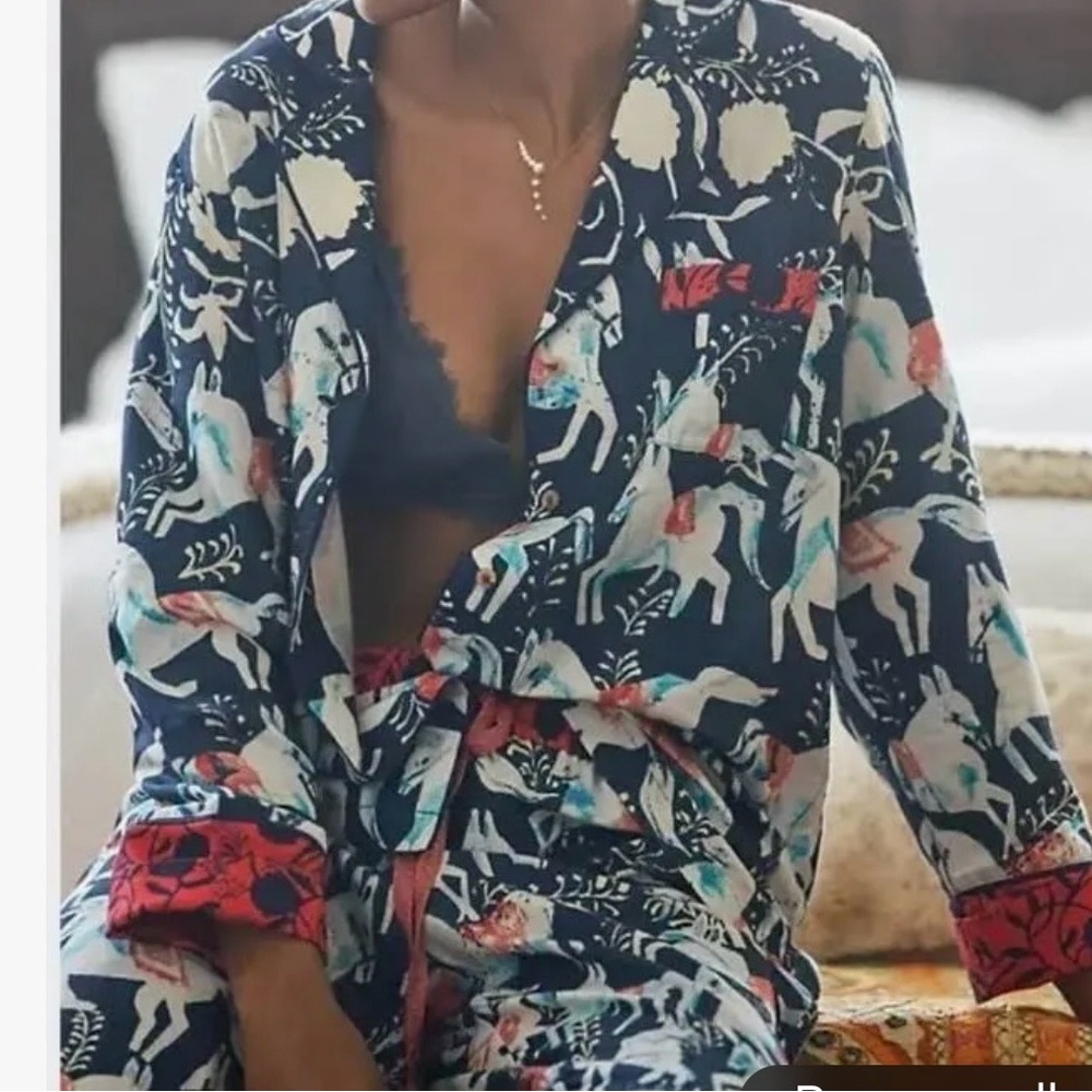 Anthropologie Cornelia O'Donovan Sweet Dreams Horse Blue Print Flannel Pajamas